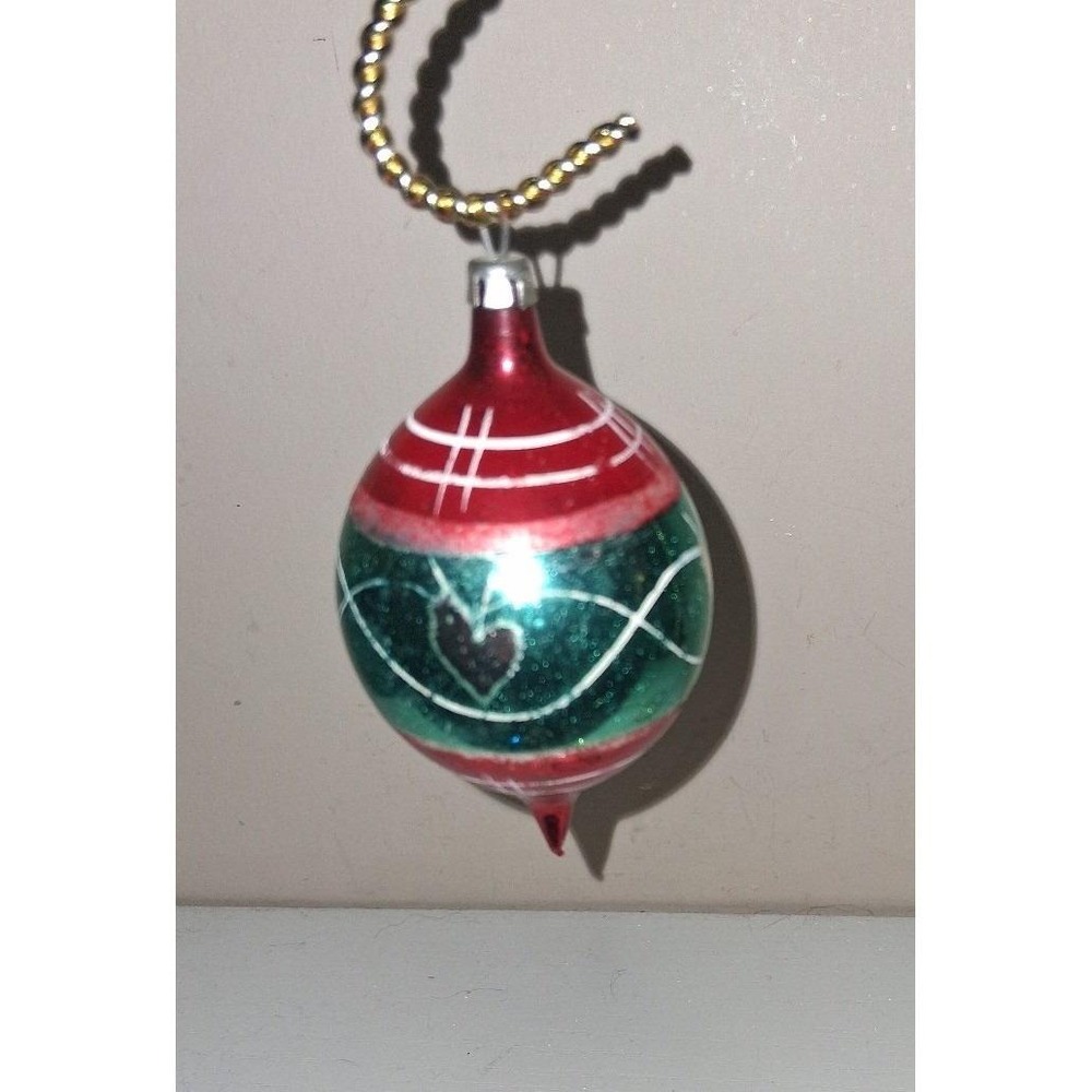 Vintage Christmas Ornament - Red, Green, Glitter Heart